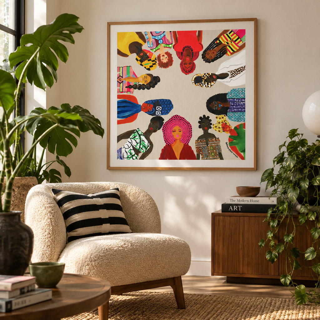 A colorful framed art print featuring stylized women wearing colourful African print cloth, displayed on a beige wall in a modern living room setting with a boucle armchair, potted plants, and a wooden sideboard.
