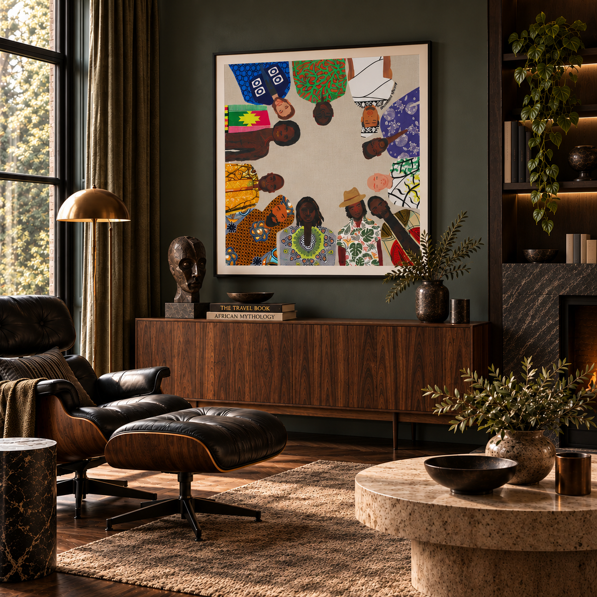 A large framed abstract art print featuring colorful stylized men and African patterns hangs on a dark green wall in a modern, stylishly decorated living room with a leather lounge chair, ottoman, and wooden sideboard.