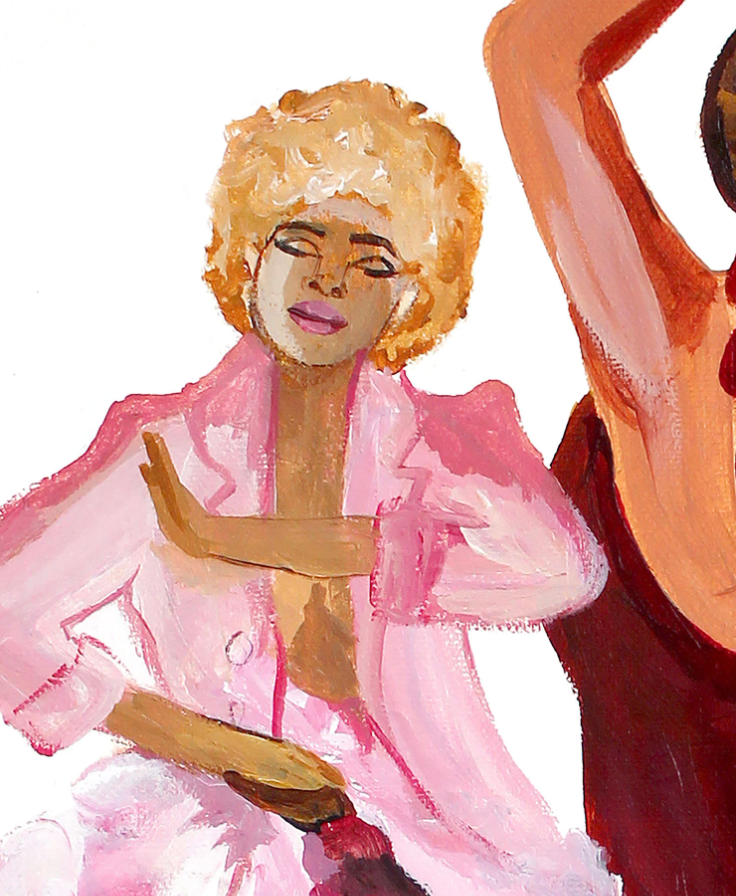 An expressive painting of a woman with voluminous blonde hair wearing a light pink jacket, with another partially visible figure in a dark red top at the right edge against a white background.