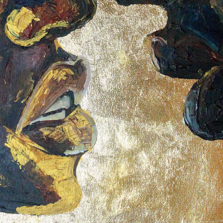 An abstract painting featuring two stylized human faces in profile facing each other, rendered with thick impasto brushstrokes in gold, black, and brown tones against a textured light background.