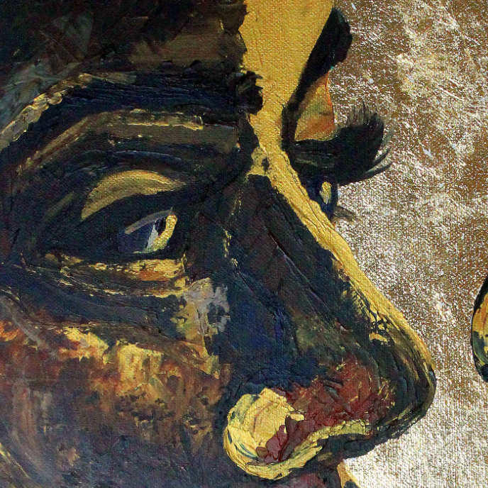 An abstract close-up portrait painting of a face in profile, rendered with thick textured brushstrokes in  black, gold, and brown.