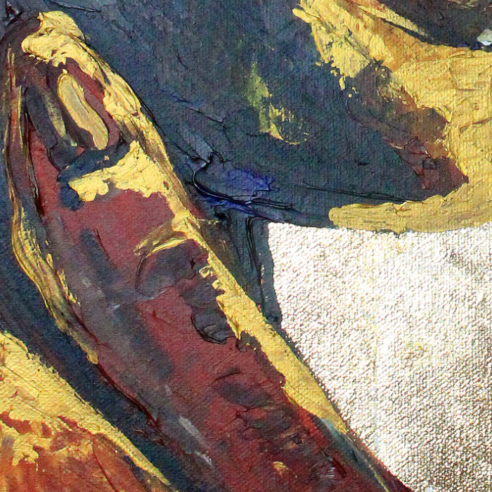 Abstract painting with thick impasto brushstrokes depicting a close-up textured scene.