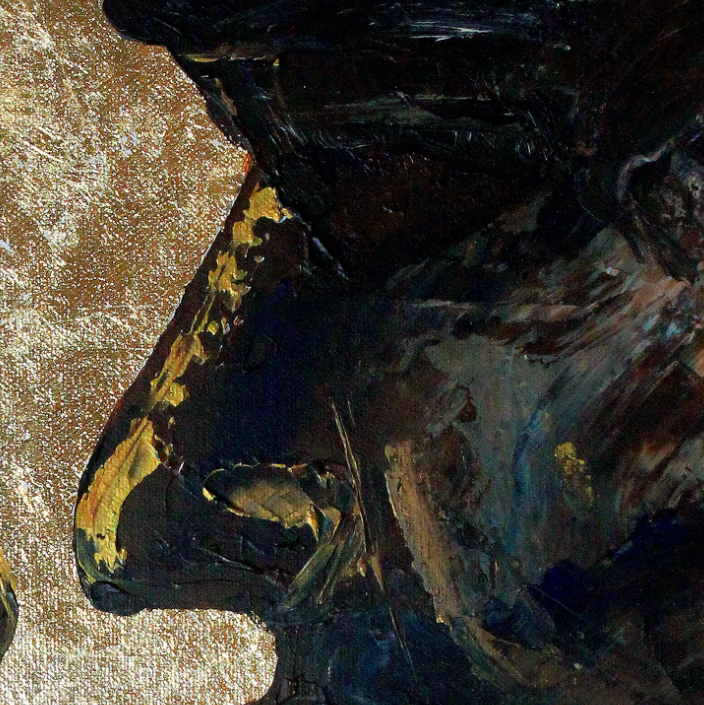 Close-up of an expressive oil painting depicting a side profile of a face, rendered in dark black, and gold-brown brushstrokes against a textured gold leaf background.