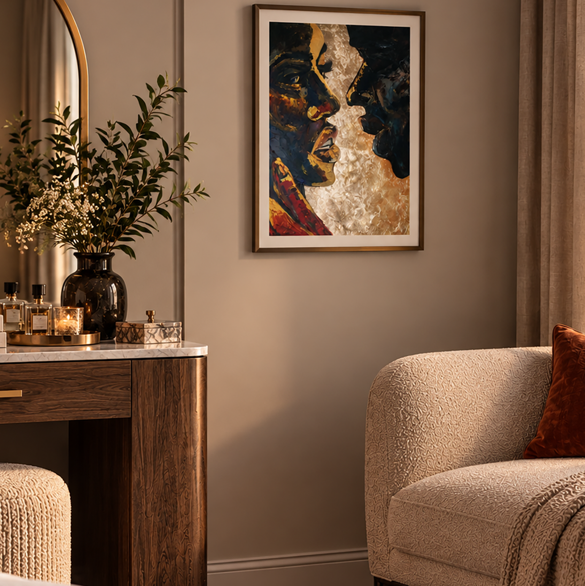 A framed art print featuring a close-up portrait of two faces in warm beige, brown, and deep blue tones, hanging on a taupe wall in a styled bedroom or living space with a beige armchair, wooden vanity, and mirror.