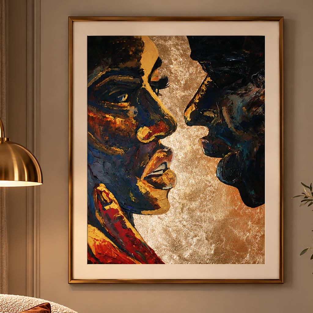 A framed wall art print featuring an abstract, textured painting of two facing profiles in deep black, gold, and red tones, hung on a warm beige wall above a sofa in a styled interior.