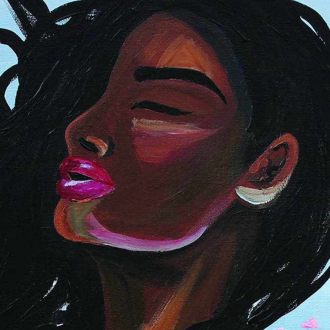 An expressive portrait painting of a woman in profile with dark hair, closed eyes, and bright pink lips, rendered in bold brushstrokes against a pale blue background with small pink flower accents.