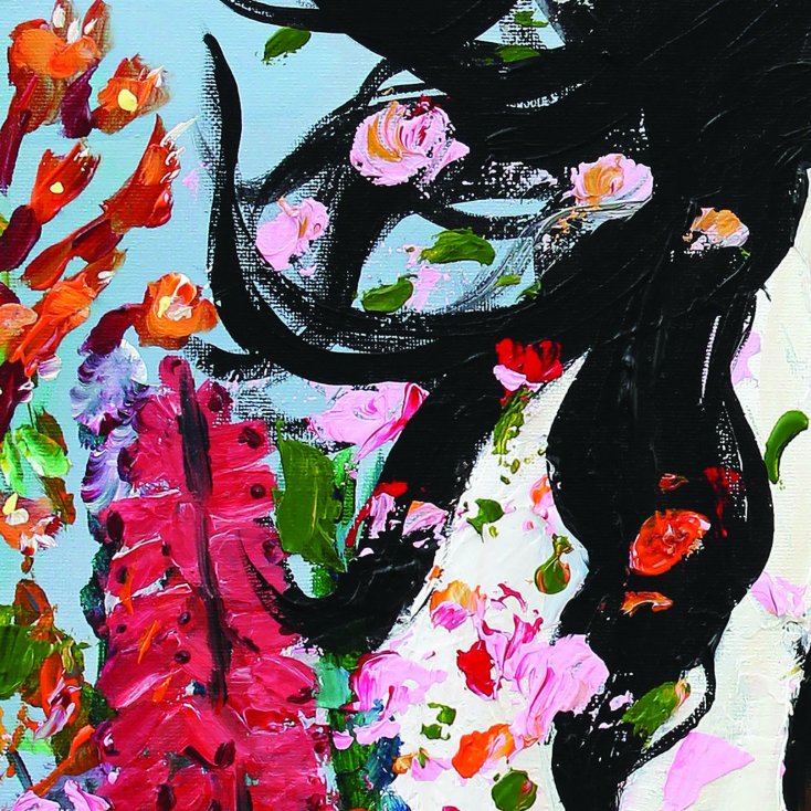 An expressive, textured oil painting featuring a woman's profile with flowing black hair, surrounded by vibrant pink, red, orange, and green flowers against a light blue background.