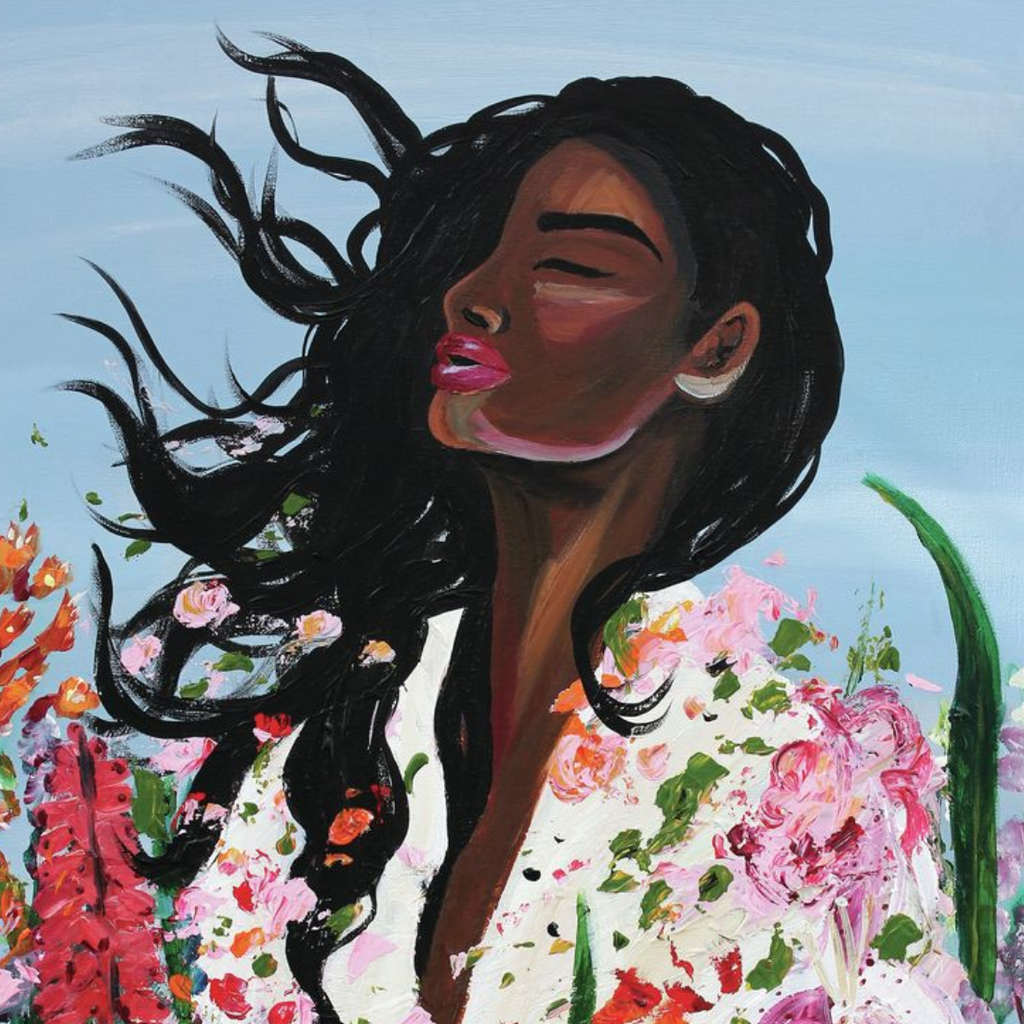 A colorful painting of a woman with long dark hair blowing in the wind, surrounded by pink and red flowers against a light blue sky.