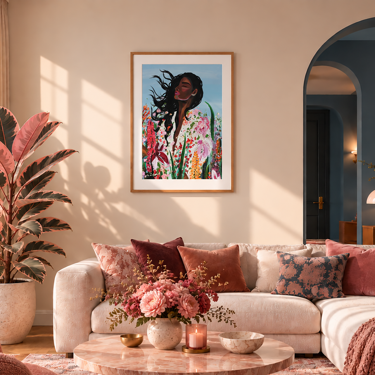 A framed art print featuring a colorful portrait of a woman surrounded by flowers, displayed on a beige wall above a modern sofa in a styled living room.