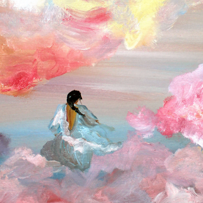 An impressionistic painting of a woman in a flowing pale blue dress seated among soft pink and white clouds, with a glowing yellow and peach sky above.