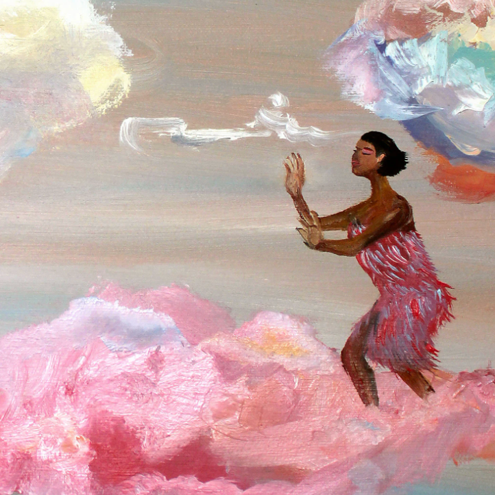 An expressive painting of a woman standing on pink clouds, wearing a red and pink striped garment, with soft pastel clouds in the background.