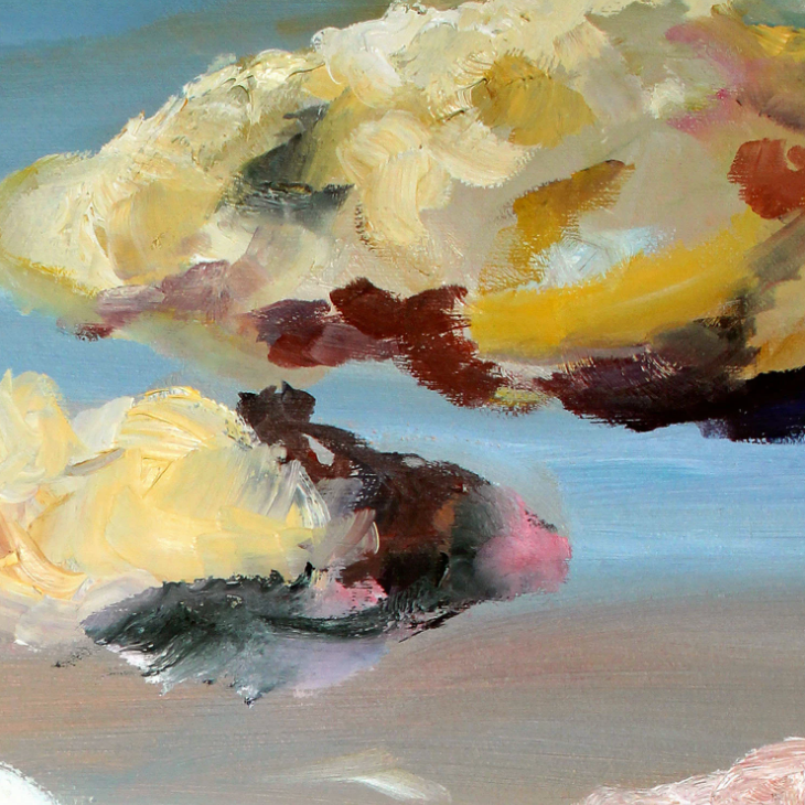 Abstract painting with expressive brushstrokes in pale yellow, cream, blue, brown, pink, and dark charcoal tones.
