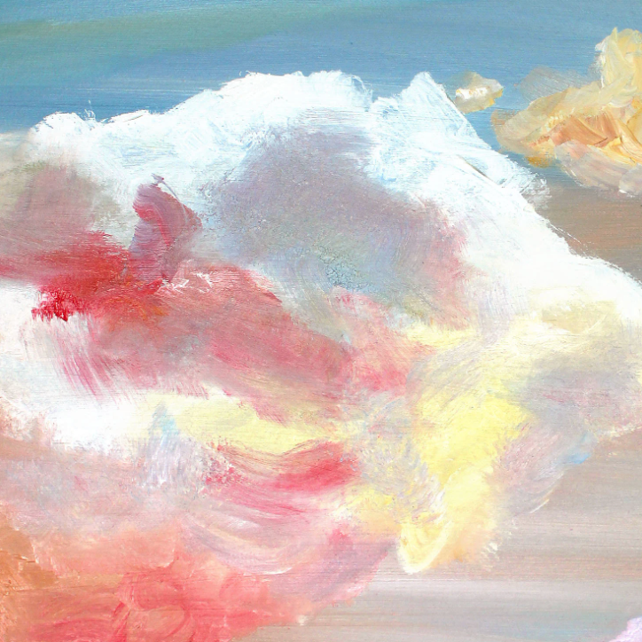 Abstract painting of a soft, textured cloud or cloud-like form in white, pink, red, yellow, and pale blue tones against a light blue and beige background.