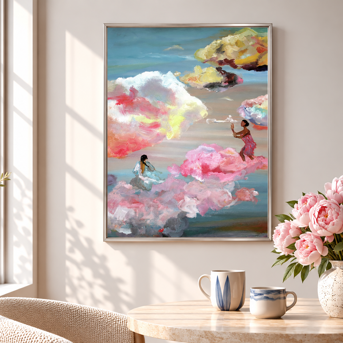 Sunset Clouds and Floating Women - Art Wall Print