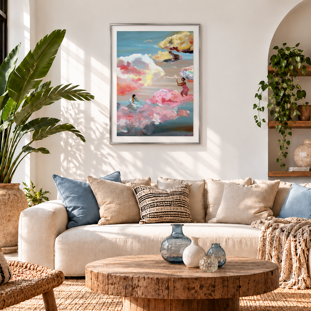 Sunset Clouds and Floating Women - Art Wall Print