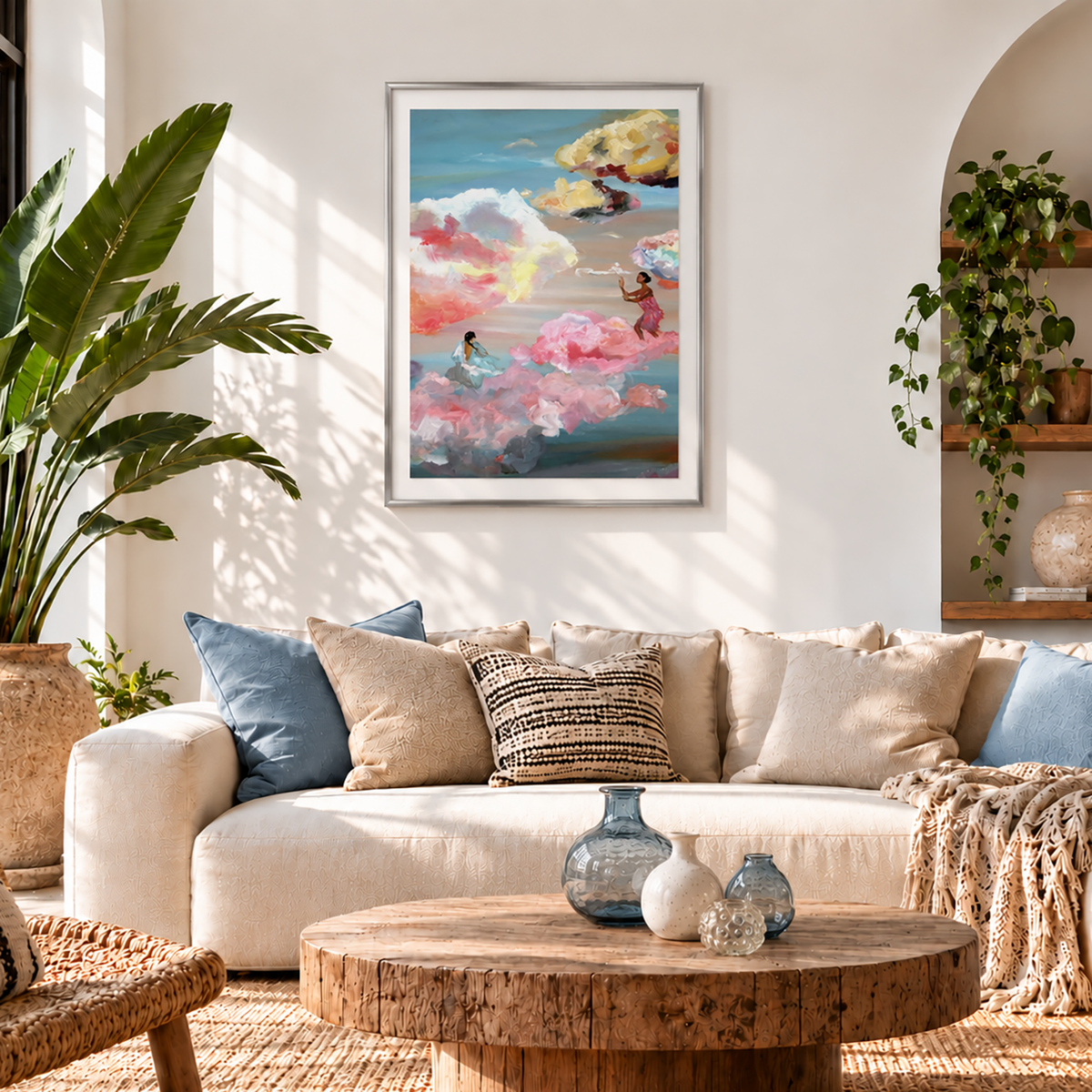 Sunset Clouds and Floating Women - Art Wall Print